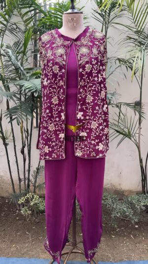 Wine Front Open Embroidered Jacket with Pants