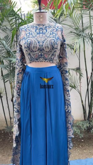 Indo-Western Crop Top With Full Sleeves And Floor-Length Skirt