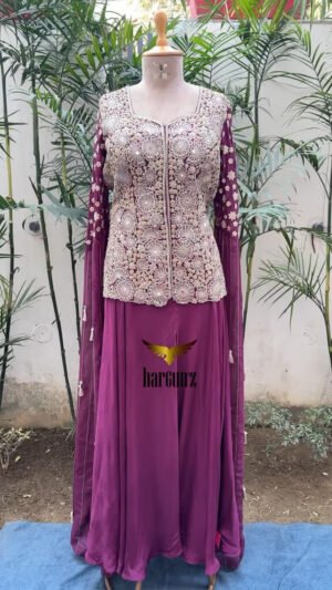 Indo-Western Long Jacket Lehenga With Cape Sleeves