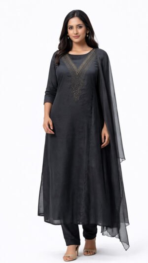 Noor Black V-Neck Embroidered Kurta Set