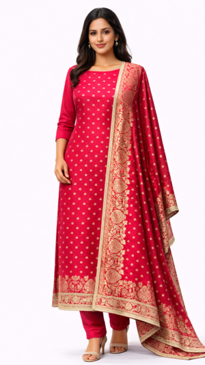 Cherry Red Zari Embroidered Suit Set