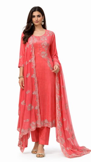 Coral Bloom Embroidered Kurta Set with Dupatta