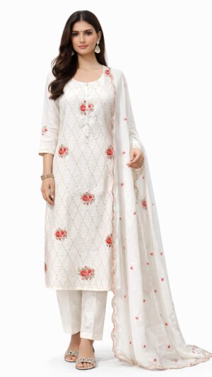 Rosette White Embroidered Kurta Set