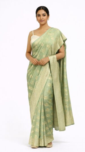 Olive Green Saree Khaddi Georgette With Border Blouse