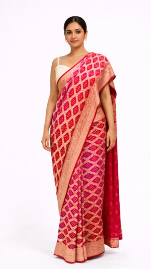 Red and Rani Colour Pure Khaddi Georgette with Bandhini With Bandhini Blouse