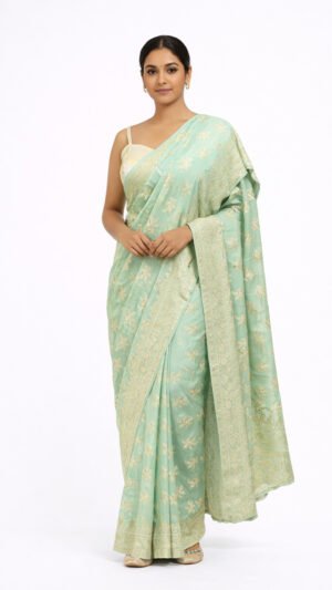 Saree Sea Green Pure Khaddi Georgette Meena Zari With Buti Blouse