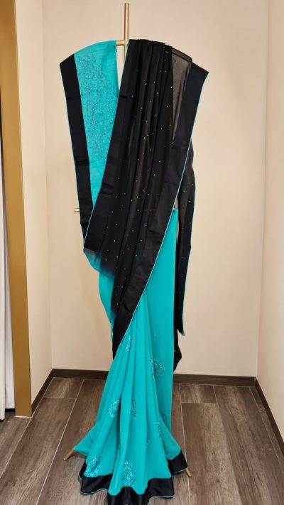Black & Aqua Blue Georgette Saree with Swarovski Work
