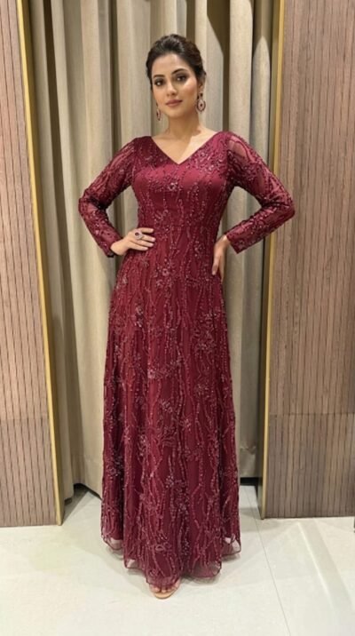Maroon Pearl Embellished Net Gown