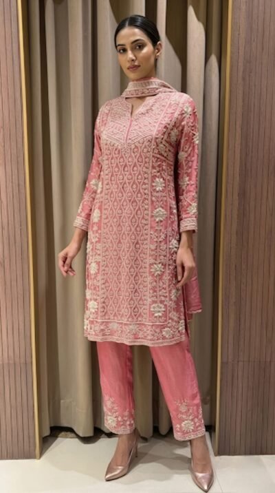 Pink Tissue Pearl & Sequins Suit