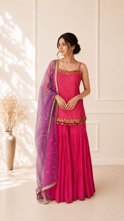 Hot Pink Sharara Set with Mirror Coin Tassel Work