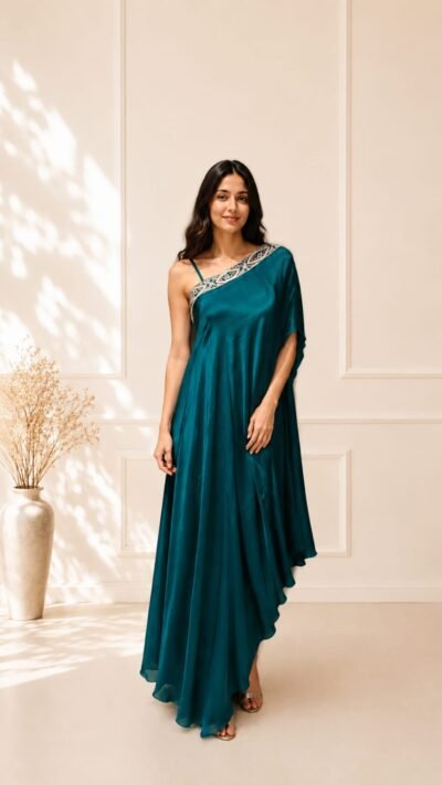 Teal Blue Chinon Draped Dress