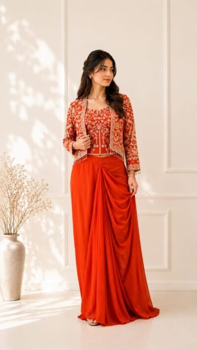 Rust Orange Pearl Kutdana Chinon Drape Set