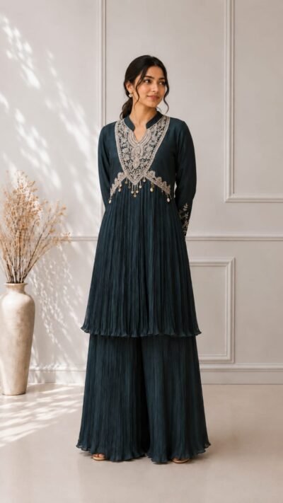 Teal Pure Silk Pleated Co ord Set
