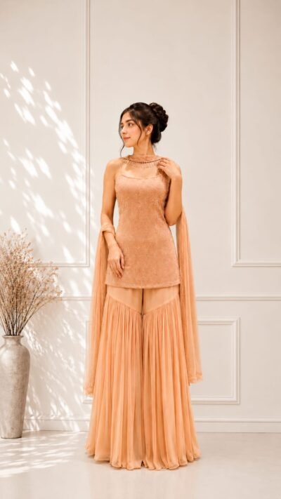 Peach Pearl & Sequin Kutdana Work Sharara Set
