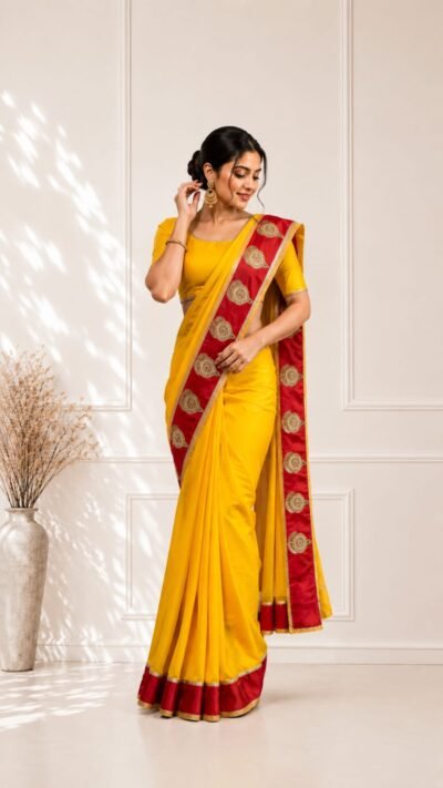 Yellow Georgette Saree with Kundan & Dabka Work