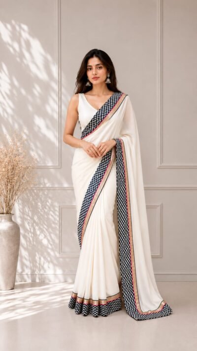 Elegant White Georgette Saree with Printed Border