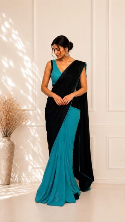 Black & Aqua Blue Georgette Saree with Swarovski Work