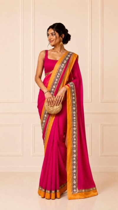 Rani Pink Georgette Saree with Dabka & Kutdana Work