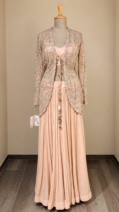 Blush Peach Pleated Sharara Set with Embellished Net Jacket