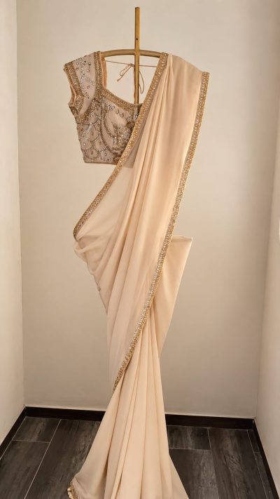 Champagne Beige Fine Georgette Saree with Kundan Embellishments