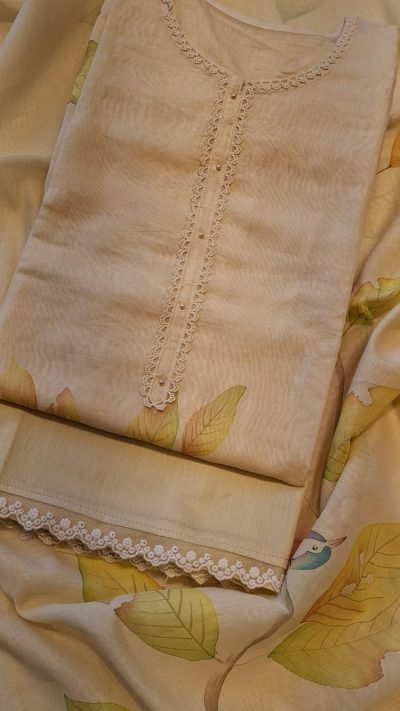Beige Mul Chanderi Suit with Hand Printed Shirt