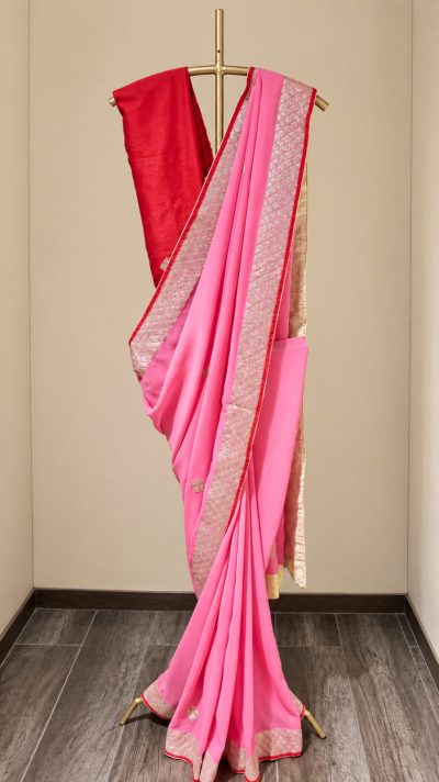 Blush Pink Georgette Saree with Silver Zari Pitta Work