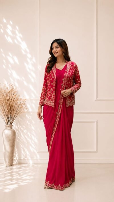 ✨ Ruby Red Chinon Drape Saree with Embellished Jacket ✨