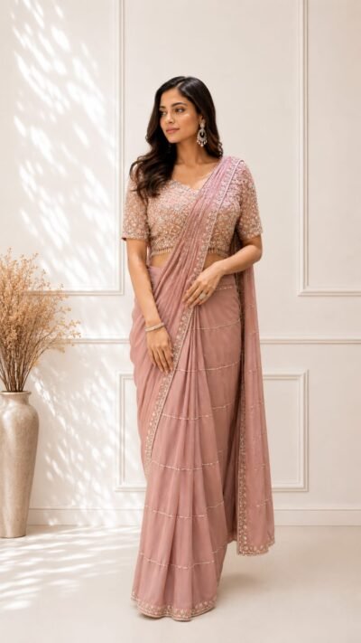 Blush Pink Chinon Drape Saree