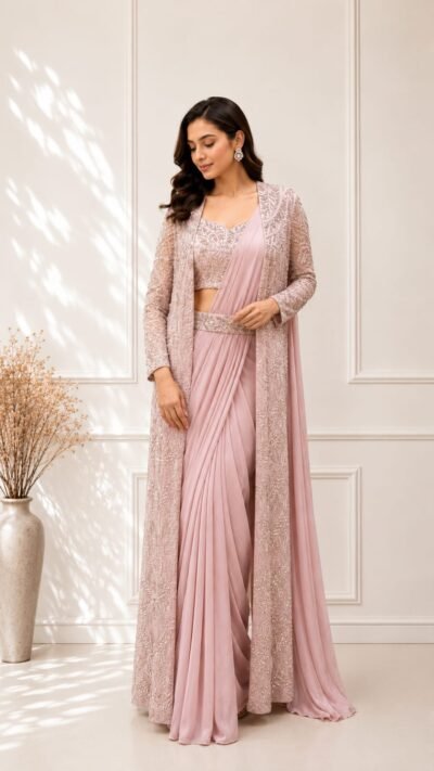 ✨ Blush Pink Drape Saree with Embellished Shrug ✨