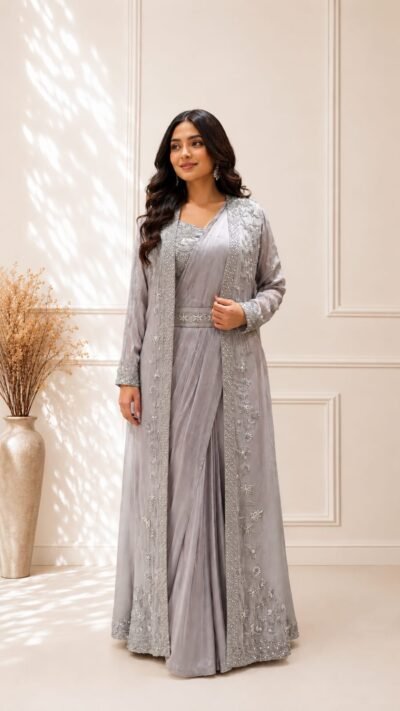 ✨ Silver Mist Chinon Drape Saree with Embellished Shrug ✨