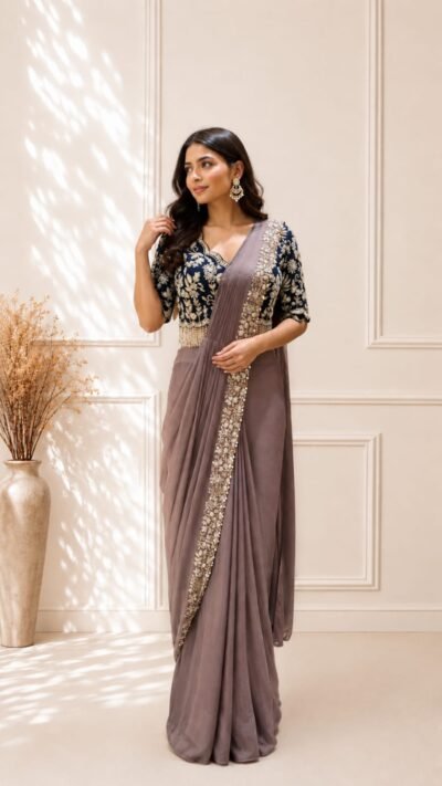 Mauve Chinon Drape Saree