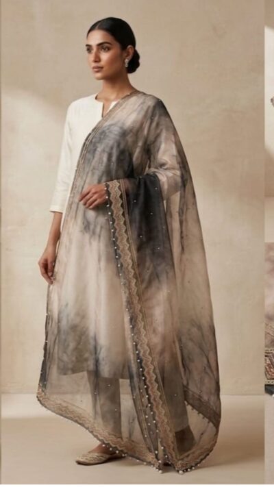 ✨ Grey Organza Pearl Dupatta ✨