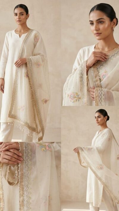 Off-White Organza Pearl Thread & Sequence Embroidered Dupatta