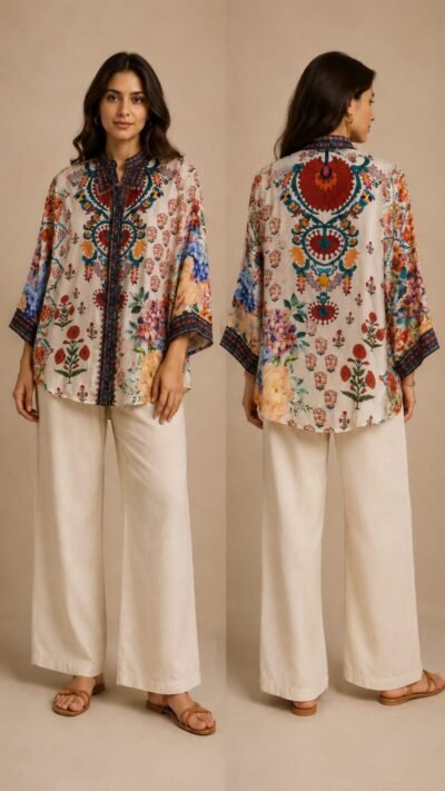 Crepe Printed Shirt with Statement Metallic Accent