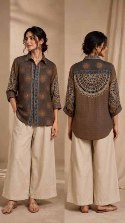 Crepe Printed Shirt with Statement Metallic Accent
