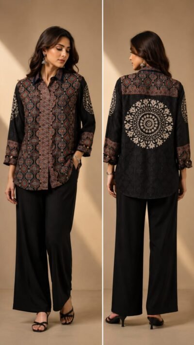 Crepe Printed Shirt with Statement Metallic Accent