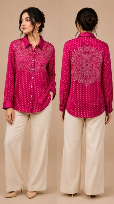 Crepe Printed Shirt with Statement Metallic Accent