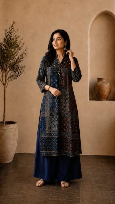 Indigo Mosaic Ajrak Mirror Work Crepe Co-Ord Set