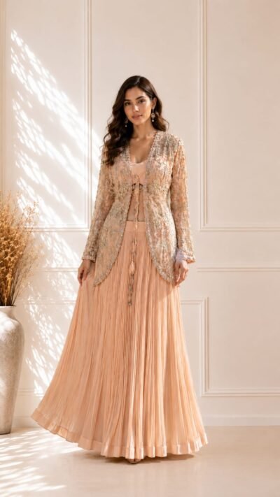 Blush Peach Pleated Sharara Set with Embellished Net Jacket