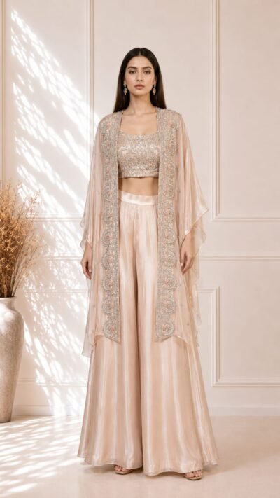 Blush Luxe Bell Bottom Set with Embellished Soft Organza Shrug