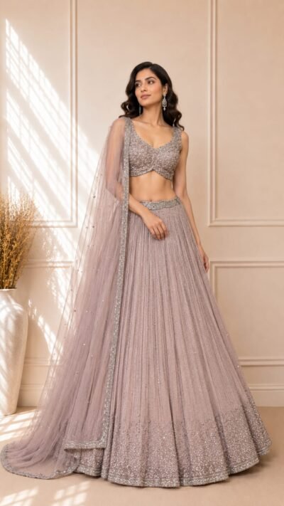 Blush Pink Georgette Lehenga Set with Mirror & Cutdana Embellished Blouse