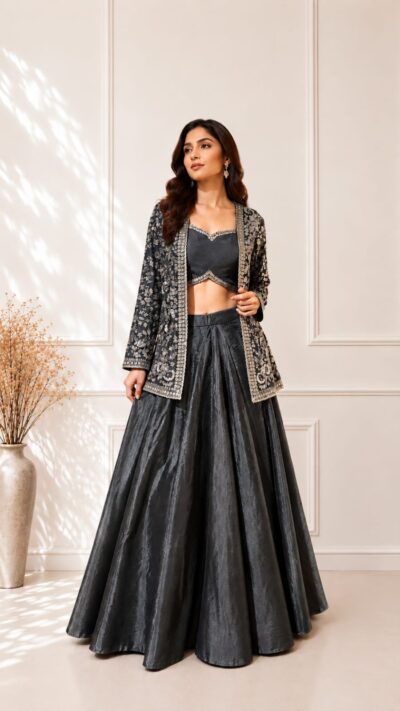 Midnight Elegance Organza Skirt Set with Embroidered Jacket & Cutdana Work