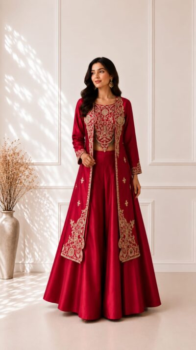 Royal Crimson Pure Silk Indo-Western Skirt Set