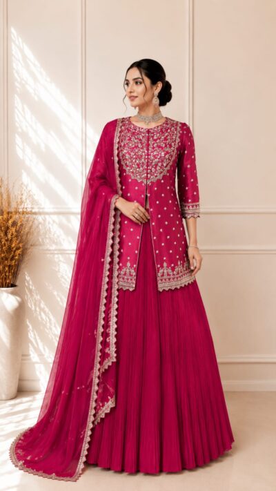 Rani Pink Chinon Lehenga Set with Embroidered Dupin Silk Kurti & Soft Organza Dupatta