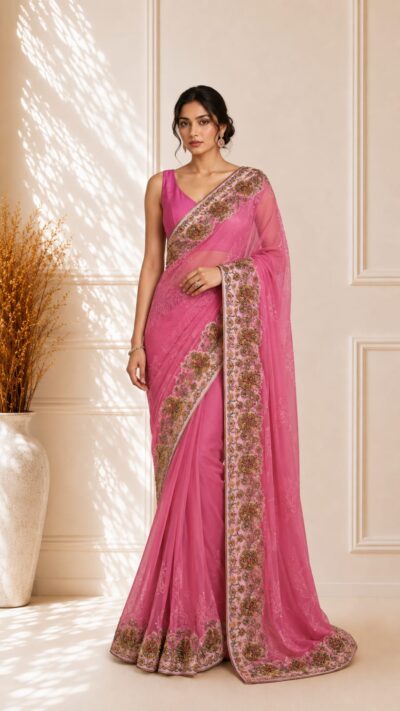 Blush Pink Georgette Saree with Chikankari, Zardozi & Sequin Work