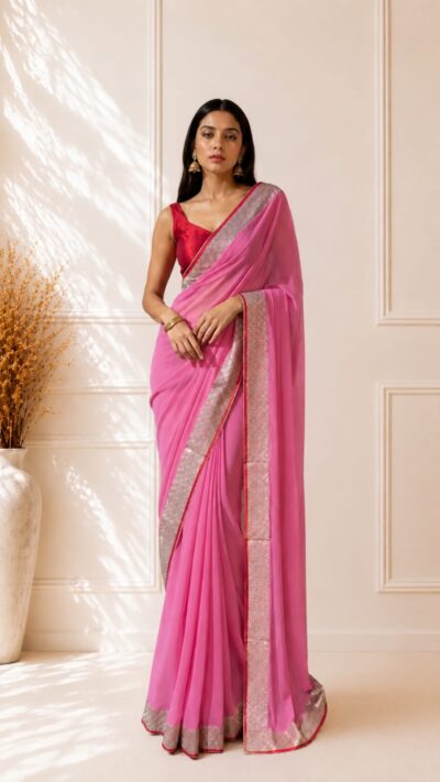 Blush Pink Georgette Saree with Silver Zari Pitta Work