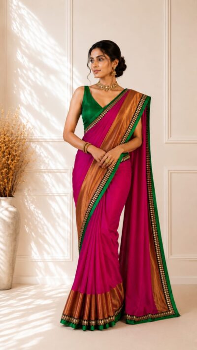 Rani Pink Chiffon Saree with Metal Embellished Border