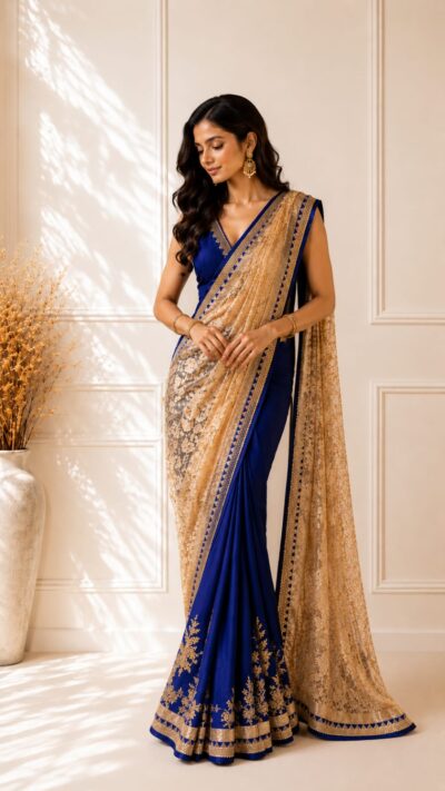 Royal Blue Pure Crepe Saree with Kundan & Chantilly Work