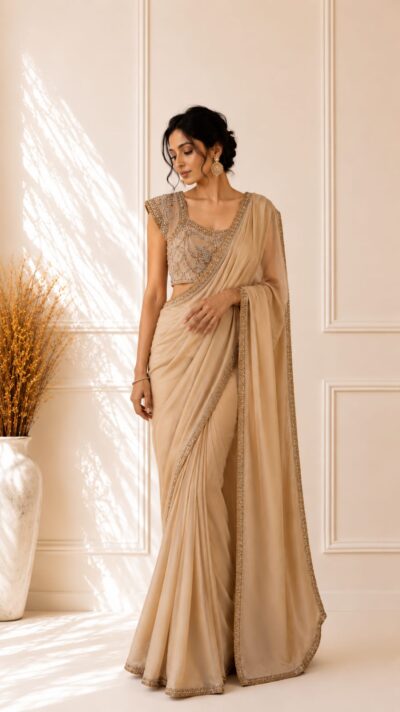 Champagne Beige Fine Georgette Saree with Kundan Embellishments