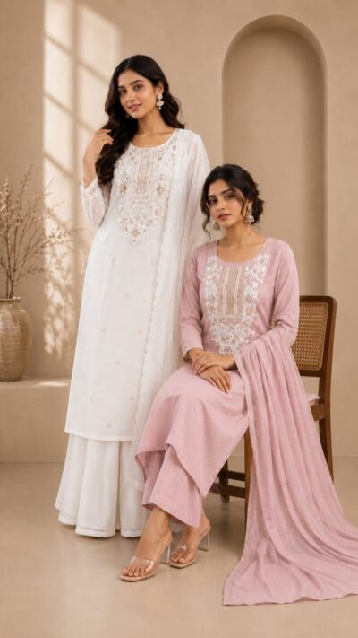 Mul Chanderi Suit with Hand Embroidered Neckline